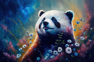 Fototapety  illustration of cute animal smile face in spring flower gardens, idea for children room wall decor or animal wallpaper, panda bear, generative Ai