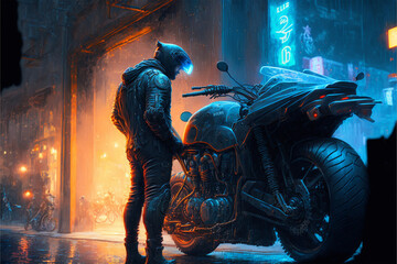 Fototapeta na wymiar A man in a jacket is standing by a cyber punk motorcycle, night in the city, fantasy landscape illustration.