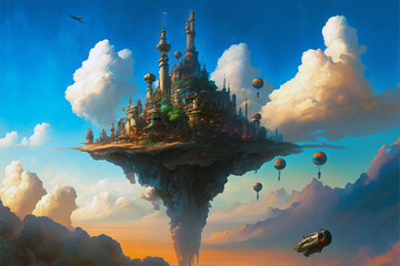 Fantasy future floating city illustration.