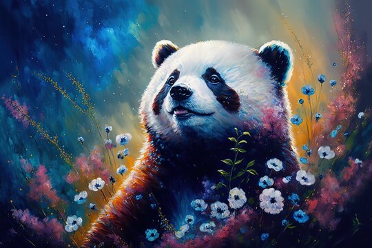 illustration of cute animal smile face in spring flower gardens, idea for children room wall decor or animal wallpaper, panda bear, generative Ai