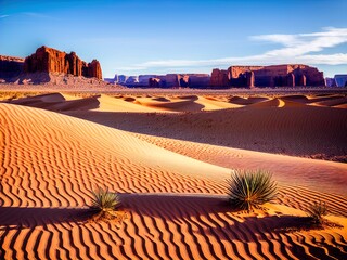 A desert with sand dunes and mountains in the distance.