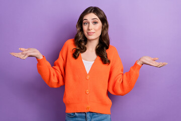 Photo of cute lovely lady wear bright autumn clothes arms demonstrate no answer excuse me isolated...