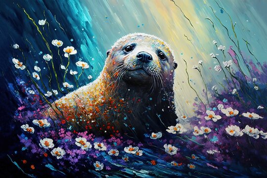 illustration of cute animal smile face in spring flower gardens, idea for children room wall decor or animal wallpaper, little seal cub, generative Ai