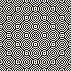 Naklejka premium Geometric line seamless pattern. Simple vector abstract texture with curved shapes, circles, squares, stripes, repeat tiles. Black and white minimal geometric ornament. Modern monochrome background