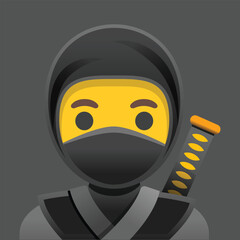 Ninja vector emoji design. Isolated person dressed as a ninja with a black hood, a mask covering the lower half of their face, and the hilt of a knife or sword emerging from behind their shoulder. © Arxay
