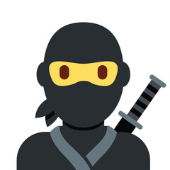 Ninja vector emoji design. Isolated person dressed as a ninja with a black hood, a mask covering the lower half of their face, and the hilt of a knife or sword emerging from behind their shoulder. © Arxay