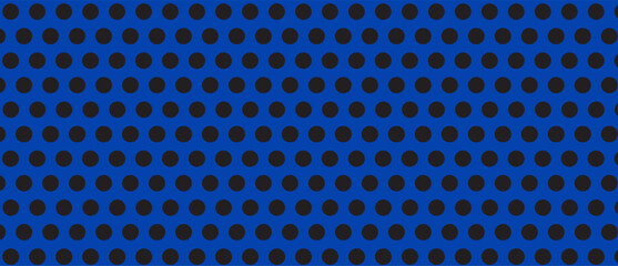 Black polka dot pattern on blue background. Straight dot pattern for backdrop and wallpaper template. Simple classic polka dot lines with repeat stripes texture. Polka background, vector illustration