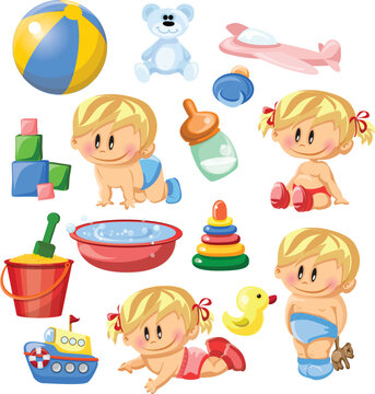Vector set with a baby boy, baby care accessories, toys. Isolated vector illustration. Perfect for prints, calendar, sticker, invitation, baby shower, children clothes, poster.
