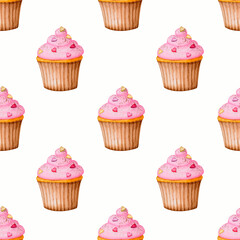 Seamless pattern with cupcakes on a white background. Watercolor design for Valentine's Day, Birthday, Wedding, Anniversary. Ideal for printing on packaging, wrapping, stationery, fabrics, textiles..