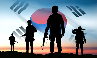 Silhouettes of soldiers on background of sunset and South Korea flag. Armed forces of Korea. Background for Memorial Day, Liberation Day. EPS10 vector - obrazy, fototapety, plakaty
