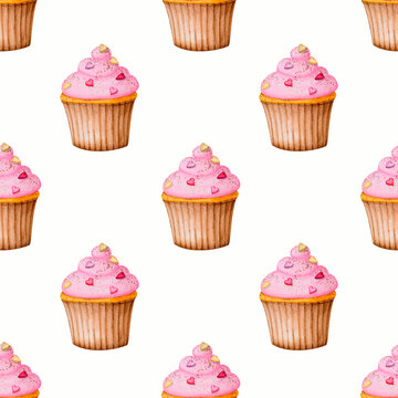 Seamless pattern with cupcakes on a white background. Watercolor design for Valentine's Day, Birthday, Wedding, Anniversary. Ideal for printing on packaging, wrapping, stationery, fabrics, textiles..