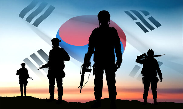 Silhouettes of soldiers on background of sunset and South Korea flag. Armed forces of Korea. Background for Memorial Day, Liberation Day. EPS10 vector