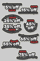 Discount coupon. Customer coupon. Coupon stickers. Black and white stickers