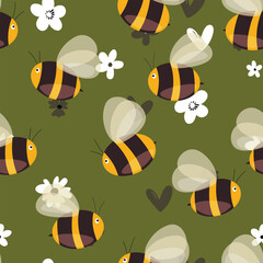 Seamless pattern with bees on floral background. Small wasp. Vector illustration. Adorable cartoon character. Template design for invitation, cards, textile, fabric. Doodle style