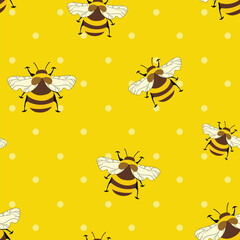 Seamless pattern with bees on color background. Small wasp. Vector illustration. Adorable cartoon character. Template design for invitation, cards, textile, fabric. Doodle style