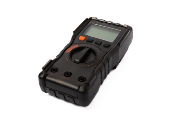 Black digital multimeter with probes isolated on white background. Multimeter is an electronic...