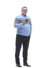 Fototapeta premium in full growth. attractive mature man with smartphone
