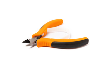 Obraz premium Wire cutters with orange handles isolated on white background
