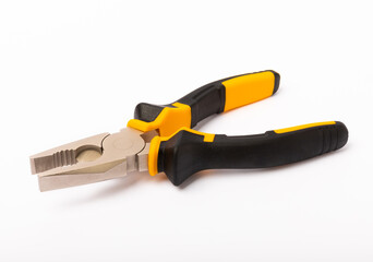 Pliers. Yellow and black pliers isolated on white background.
