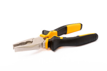 Pliers. Yellow and black pliers isolated on white background.