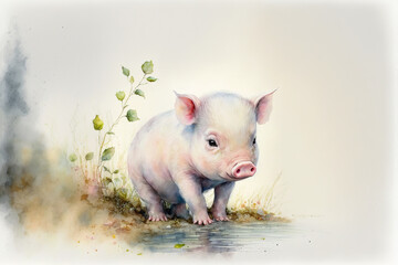 Baby pig standing by water watercolor, Generative AI