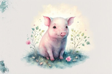 Pink pig sitting with flowers watercolor, Generative AI