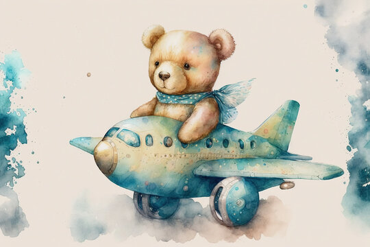 Teddy Bear Flying A Plane Watercolor, Generative AI