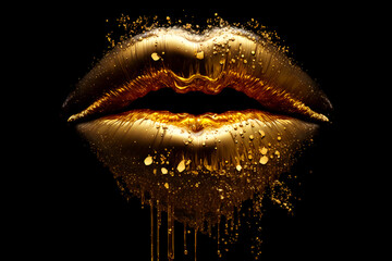 Beautiful golden lips, gold colored lipstick. Perfect lips close-up on a dark background, gold liquid drops.  - obrazy, fototapety, plakaty