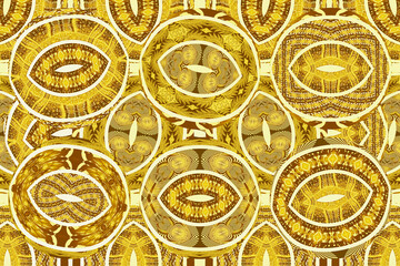 Patchwork of geometric African patterns. Colorful and seamless image. Beige, golden yellow, orange and brown colors. Illustration