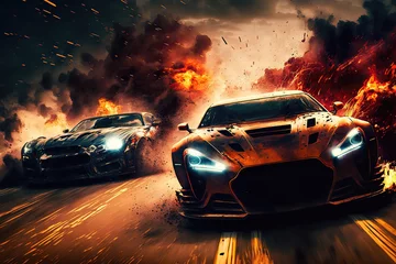 Fototapete Autos Crazy mad car chase, explosions sparks action. Sports cars are a danger race for survival. Fire and flames from under the wheels