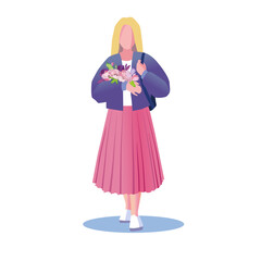 Girl wearing a long pink skirt carrying spring flowers flat vector illustration, isolated walking girl on white background, girl with spring flowers 