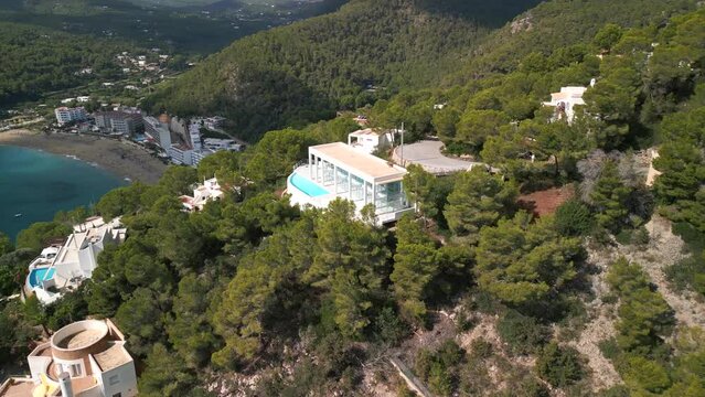 panorama drone mountain villa ibiza beach view. Marvelous aerial view flight