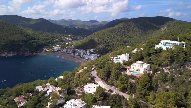 panorama Ibiza mountain villa nice beach view. Dramatic aerial view flight drone