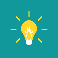 Yellow bulb with rays. flat icon isolated on blue background. Imagination icon. New business idea. Vector illustration. Invention logo.