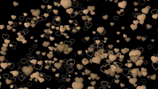 Valentine love hearts falling, large particles gold with black background seamless loop