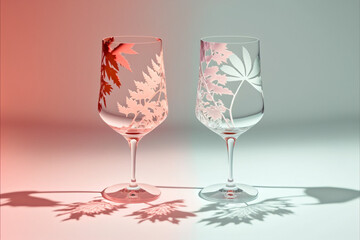 Coral Glass Background Beautiful long shadows from sunlight on white and pink background minimal creative drinks concept
