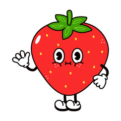 Cute funny Strawberry waving hand character. Vector hand drawn traditional cartoon vintage, retro, kawaii character illustration icon. Isolated on white background. Strawberry character concept