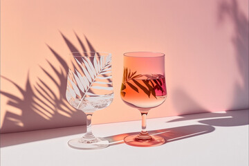 Coral Glass Background Beautiful long shadows from sunlight on white and pink background minimal creative drinks concept
