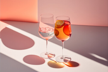 Coral Glass Background Beautiful long shadows from sunlight on white and pink background minimal creative drinks concept
