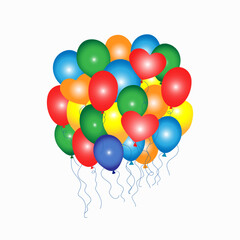 Bundle of balloons for birthdays, weddings, Valentine's Day and parties.  Balloon in cartoon style. Flying balloon with rope.  Isolated background. Holiday card design . Graphic vector.