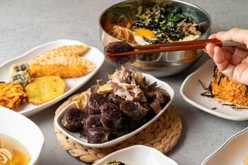 Korean food dishes Sundae Bibimbap Grilled Dumplings