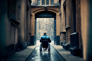 Behinderter Mann im Rollstuhl, fährt  durch die Stadt - Generative Ai