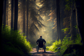 Behinderter Mann im Rollstuhl, fährt durch einen Wald  - Generative Ai