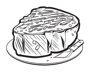 Steak in cartoon black and white style for coloring. Vector illustration