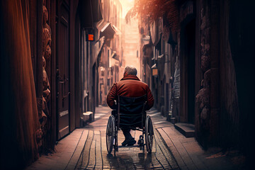 Obraz na płótnie Canvas Behinderter Mann im Rollstuhl, fährt durch die Stadt - Generative Ai