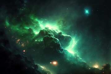 Fototapeta na wymiar outer space nebula, stars and green galaxy 
