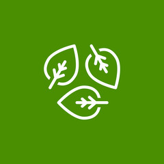 Three white line leaves eco recycle icon. isolated on green. Vector reuse illustration. Green flat outline leaves. Leaf ecology circle symbol