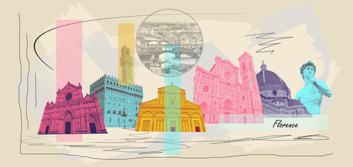 Collage of landmarks of Florence, Italy. Basilica of Santa Maria del Fiore or Basilica of Saint...