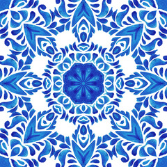 Seamless ornamental watercolor texture. Azulejo tile design style. Arabesque tiles