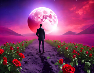 Romantic scene, man walks between roses towards the moon in a fantasy world (Generative Ai)